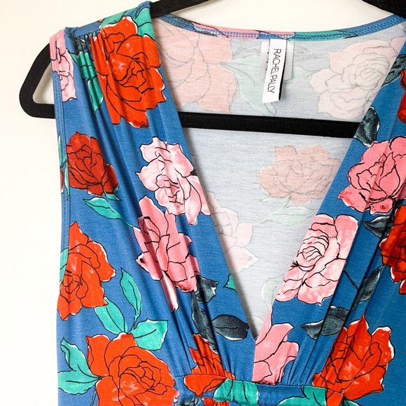 Rachel Pally Kaftan Dress Blue Red Floral V Neck Pleated Stretch Maxi XS - Picture 3 of 7